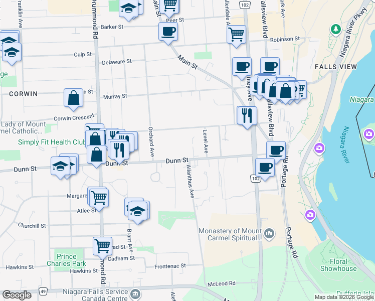 map of restaurants, bars, coffee shops, grocery stores, and more near in Niagara Falls