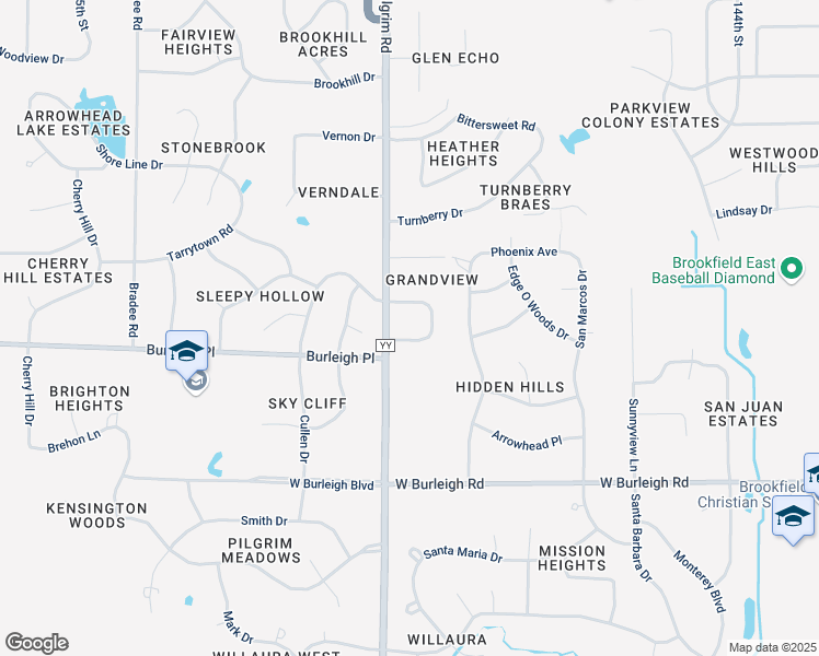 map of restaurants, bars, coffee shops, grocery stores, and more near 15545 Grandview Drive Upper in Brookfield
