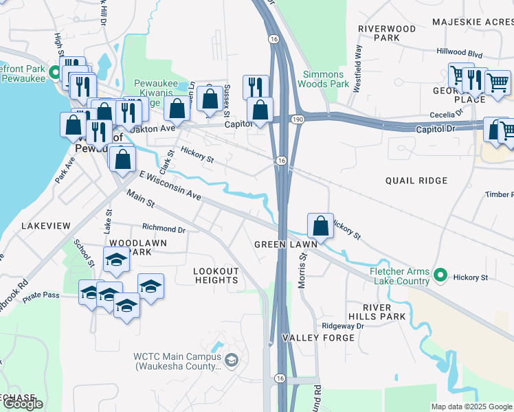 map of restaurants, bars, coffee shops, grocery stores, and more near 571 East Wisconsin Avenue in Pewaukee