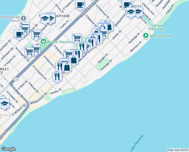 map of restaurants, bars, coffee shops, grocery stores, and more near 620 South Ingersoll Street in Madison