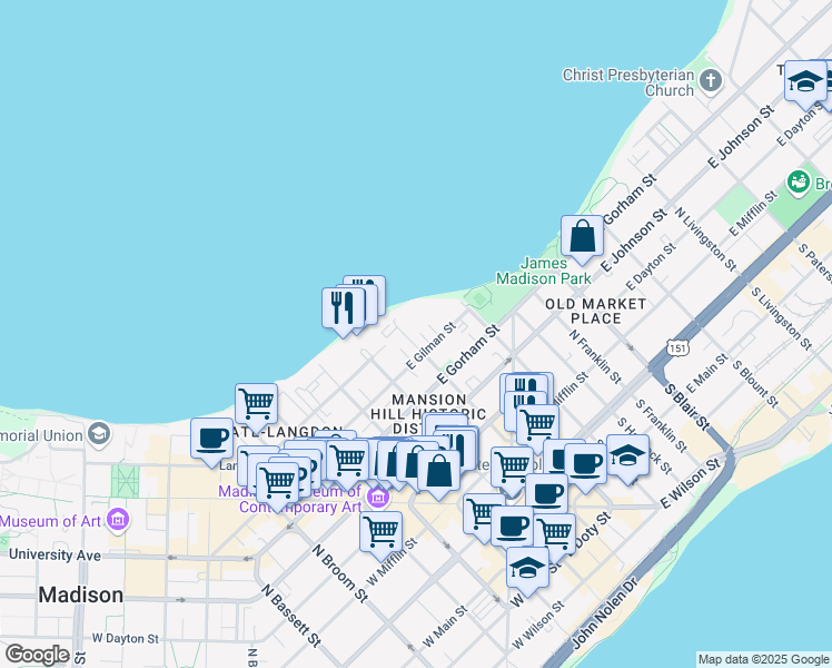 map of restaurants, bars, coffee shops, grocery stores, and more near 122 East Gilman Street in Madison