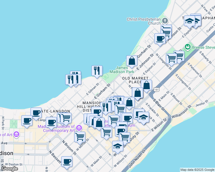 map of restaurants, bars, coffee shops, grocery stores, and more near 204 East Gorham Street in Madison