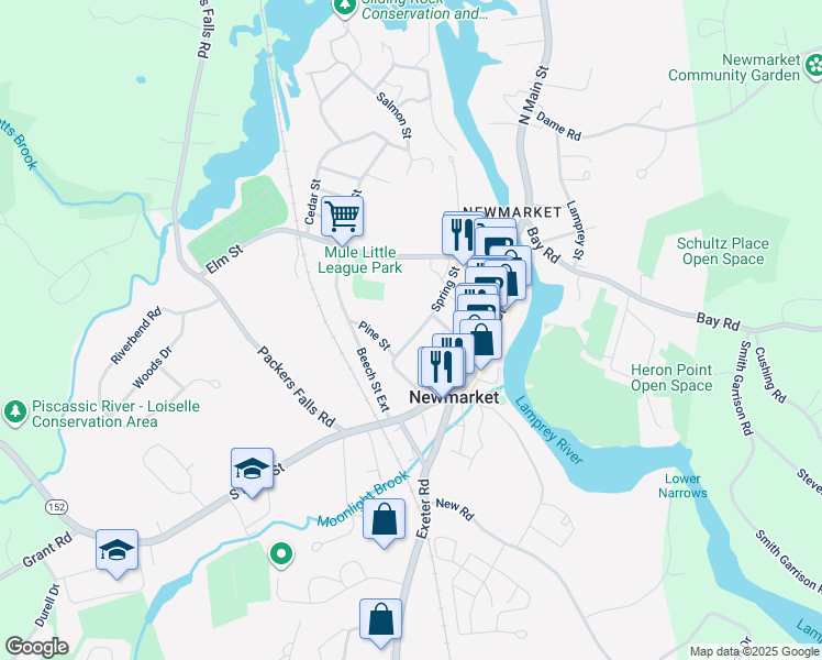 map of restaurants, bars, coffee shops, grocery stores, and more near 32 Spring Street in Newmarket