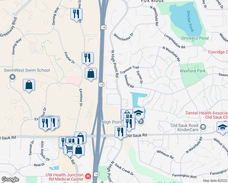 map of restaurants, bars, coffee shops, grocery stores, and more near 1004 North High Point Road in Madison