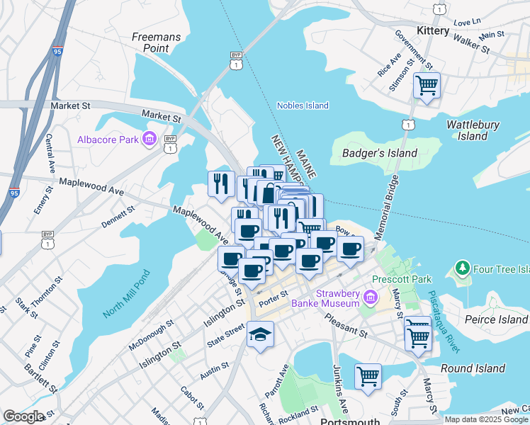 map of restaurants, bars, coffee shops, grocery stores, and more near 33 Deer Street in Portsmouth