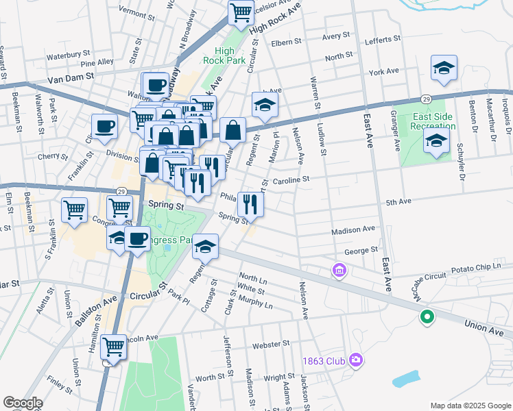 map of restaurants, bars, coffee shops, grocery stores, and more near Phila Street & Court Street in Saratoga Springs