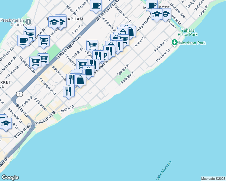 map of restaurants, bars, coffee shops, grocery stores, and more near 1029 Spaight Street in Madison