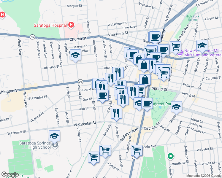 map of restaurants, bars, coffee shops, grocery stores, and more near 92 Congress Street in Saratoga Springs