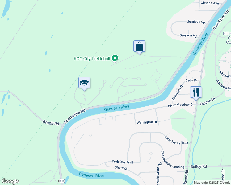 map of restaurants, bars, coffee shops, grocery stores, and more near 4 Great Meadow Circle in Rochester