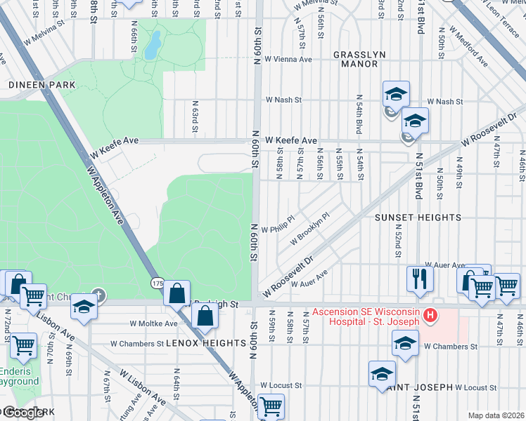 map of restaurants, bars, coffee shops, grocery stores, and more near 3322 North 60th Street in Milwaukee