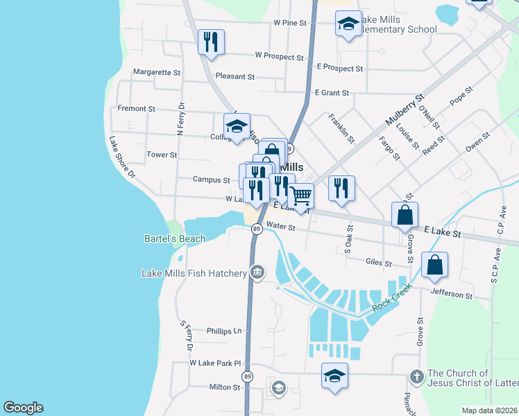 map of restaurants, bars, coffee shops, grocery stores, and more near 109 West Lake Street in Lake Mills