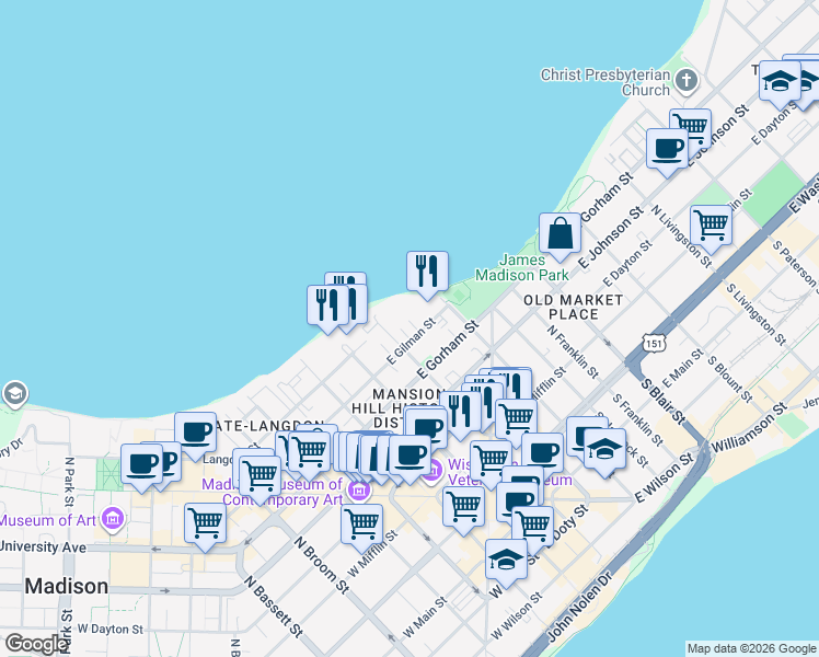 map of restaurants, bars, coffee shops, grocery stores, and more near 116 East Gilman Street in Madison