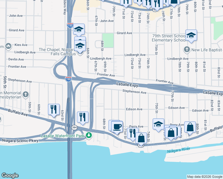map of restaurants, bars, coffee shops, grocery stores, and more near 6899 Stephenson Avenue in Niagara Falls