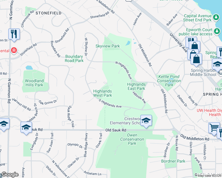 map of restaurants, bars, coffee shops, grocery stores, and more near 1111 Willow Ln in Madison