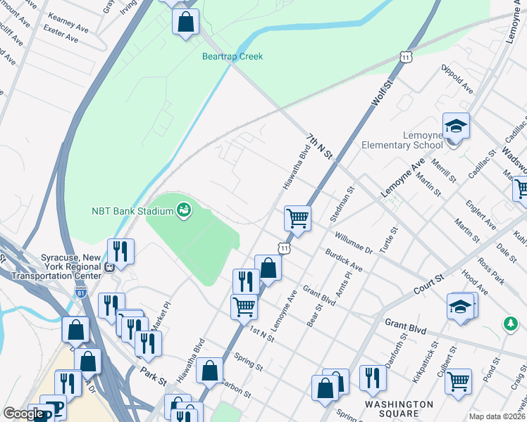 map of restaurants, bars, coffee shops, grocery stores, and more near 819 Hiawatha Boulevard in Syracuse