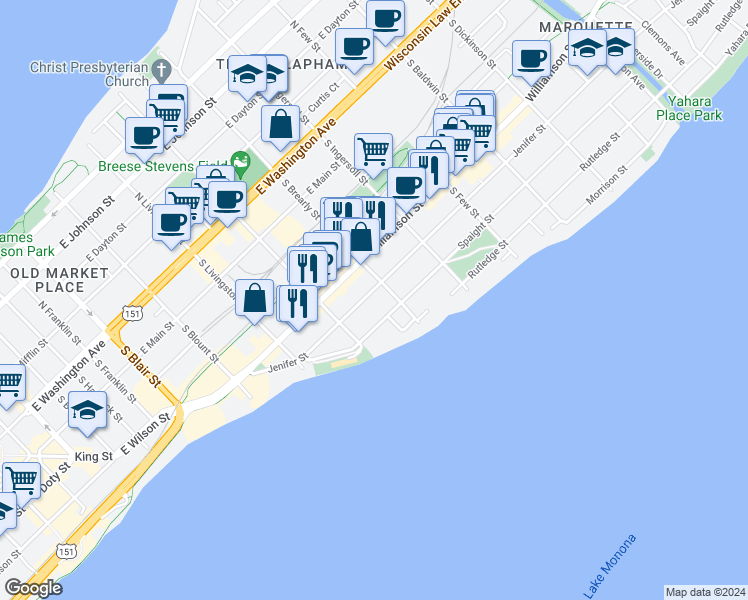 map of restaurants, bars, coffee shops, grocery stores, and more near 939 Jenifer Street in Madison