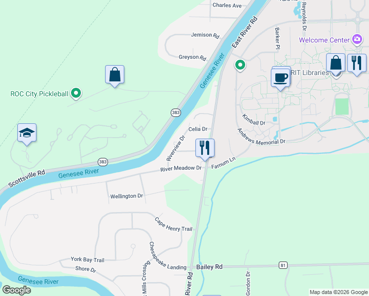 map of restaurants, bars, coffee shops, grocery stores, and more near 20 River View Hts in Rochester