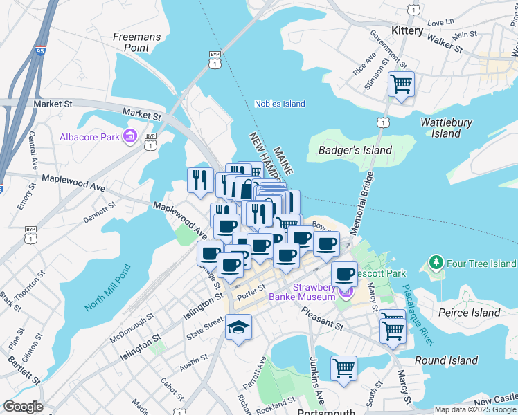 map of restaurants, bars, coffee shops, grocery stores, and more near in Portsmouth