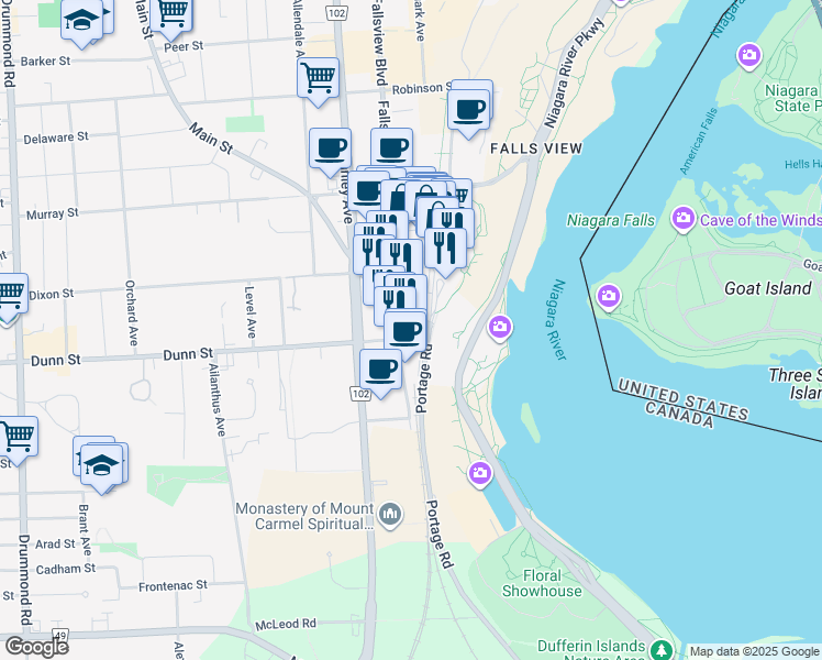 map of restaurants, bars, coffee shops, grocery stores, and more near 6700 Fallsview Boulevard in Niagara Falls