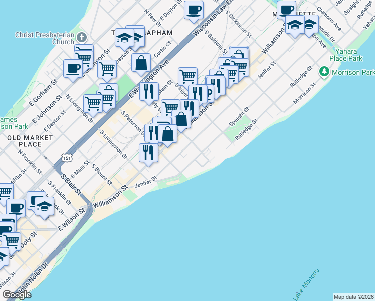 map of restaurants, bars, coffee shops, grocery stores, and more near 504 South Brearly Street in Madison