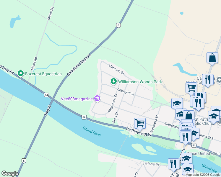 map of restaurants, bars, coffee shops, grocery stores, and more near 306 Orkney Street West in Caledonia