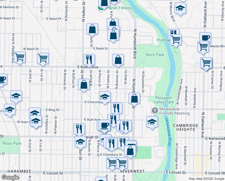 map of restaurants, bars, coffee shops, grocery stores, and more near 817 East Townsend Street in Milwaukee
