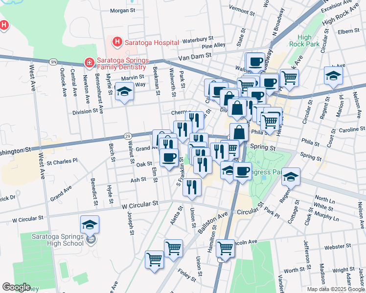 map of restaurants, bars, coffee shops, grocery stores, and more near 92 Congress Street in Saratoga Springs