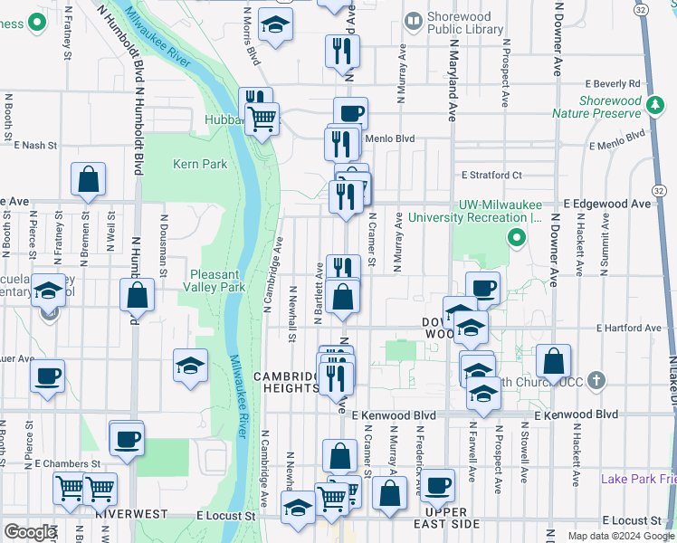 map of restaurants, bars, coffee shops, grocery stores, and more near 1728 East Newport Avenue in Milwaukee