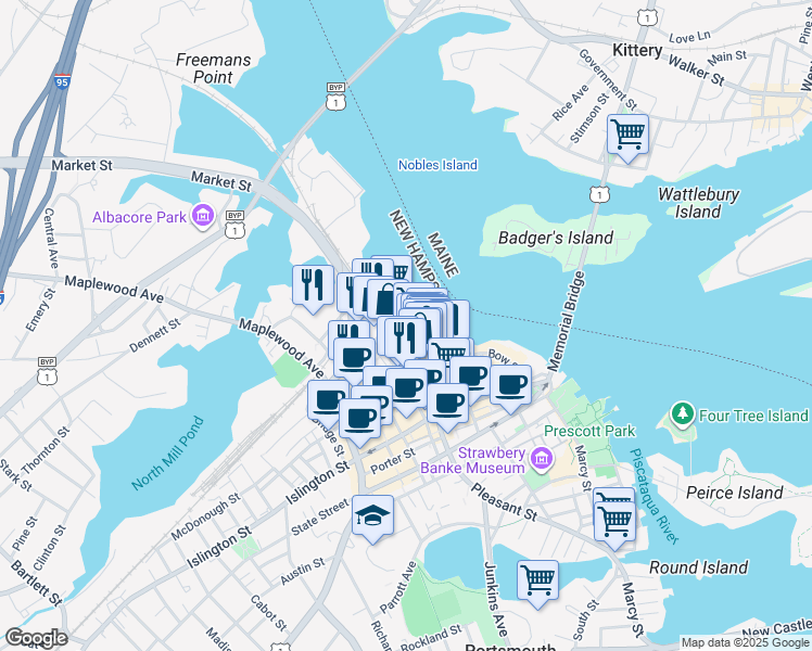 map of restaurants, bars, coffee shops, grocery stores, and more near in Portsmouth