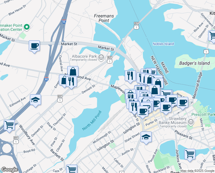 map of restaurants, bars, coffee shops, grocery stores, and more near 235 Maplewood Avenue in Portsmouth