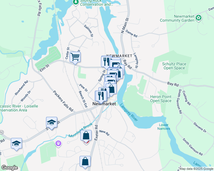 map of restaurants, bars, coffee shops, grocery stores, and more near 6 Central Street in Newmarket