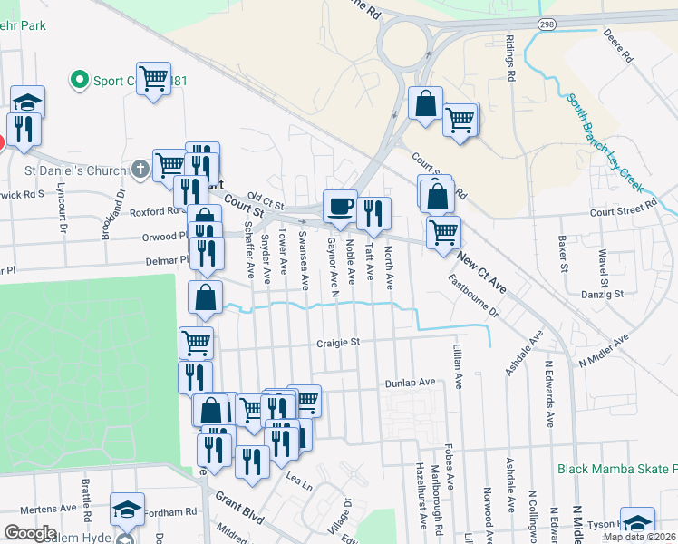 map of restaurants, bars, coffee shops, grocery stores, and more near 433 Gaynor Avenue North in Syracuse