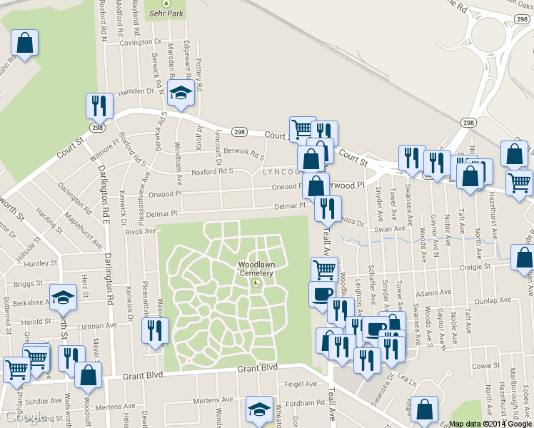 map of restaurants, bars, coffee shops, grocery stores, and more near 615 Delmar Place in Syracuse