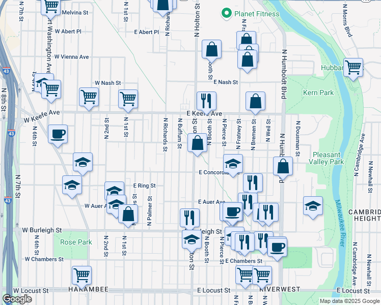 map of restaurants, bars, coffee shops, grocery stores, and more near 3368 North Buffum Street in Milwaukee