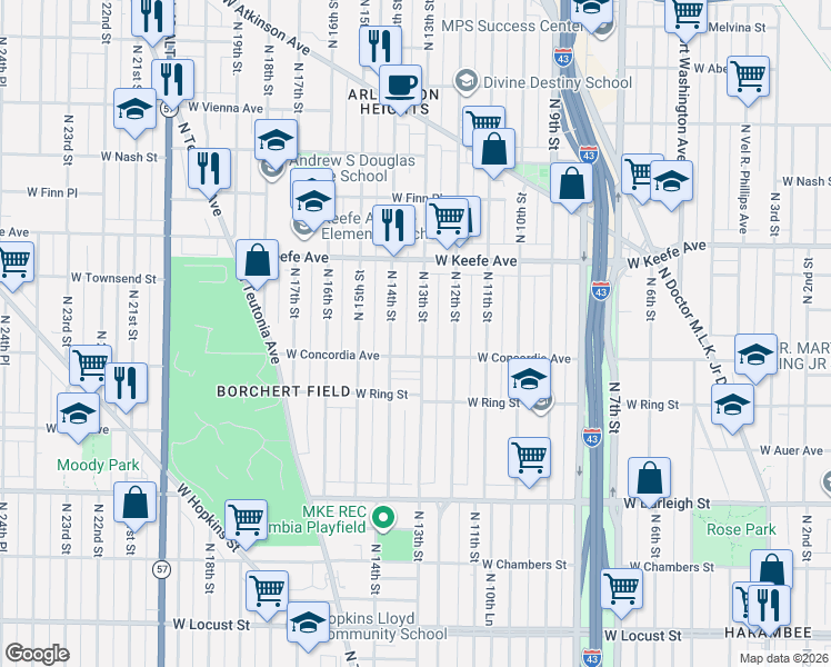 map of restaurants, bars, coffee shops, grocery stores, and more near 3327 North 13th Street in Milwaukee