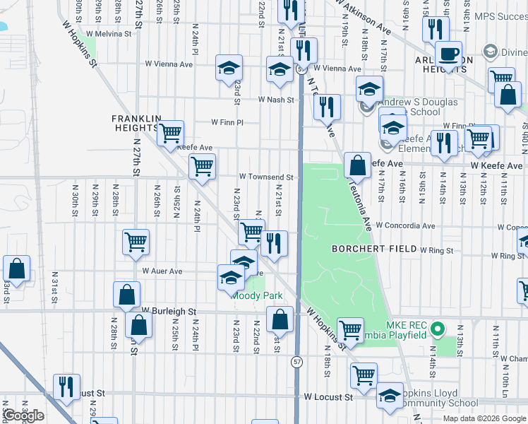 map of restaurants, bars, coffee shops, grocery stores, and more near 3353 North 21st Street in Milwaukee