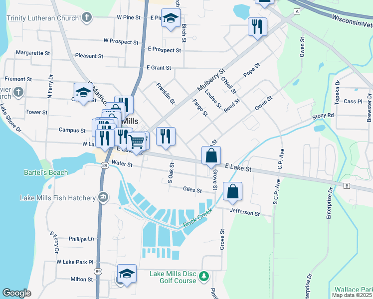 map of restaurants, bars, coffee shops, grocery stores, and more near 322 East Washington Street in Lake Mills