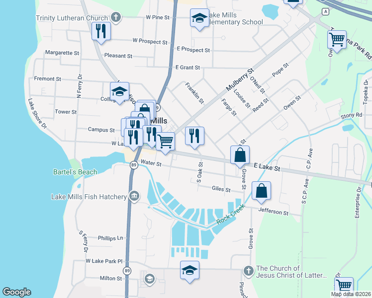 map of restaurants, bars, coffee shops, grocery stores, and more near 303 East Oak Street in Lake Mills