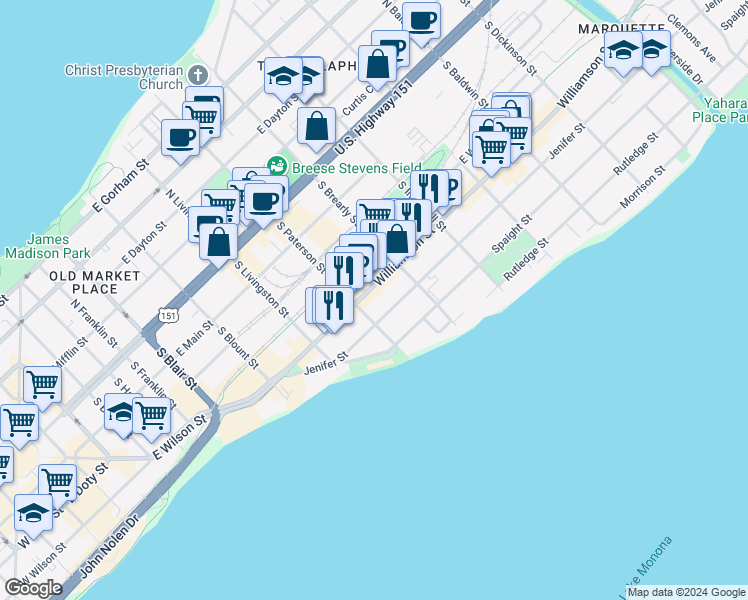 map of restaurants, bars, coffee shops, grocery stores, and more near 933 Williamson Street in Madison