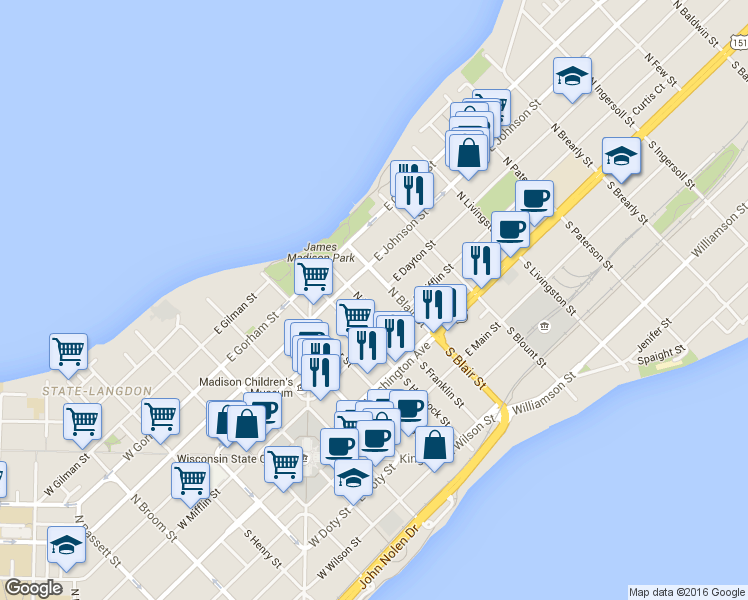 map of restaurants, bars, coffee shops, grocery stores, and more near in Madison