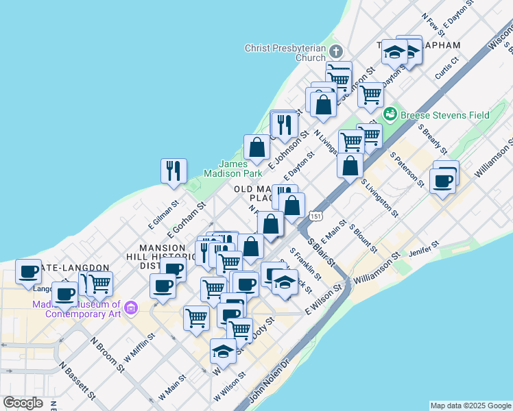map of restaurants, bars, coffee shops, grocery stores, and more near in Madison