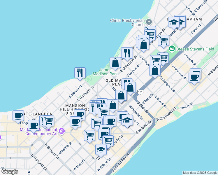 map of restaurants, bars, coffee shops, grocery stores, and more near in Madison