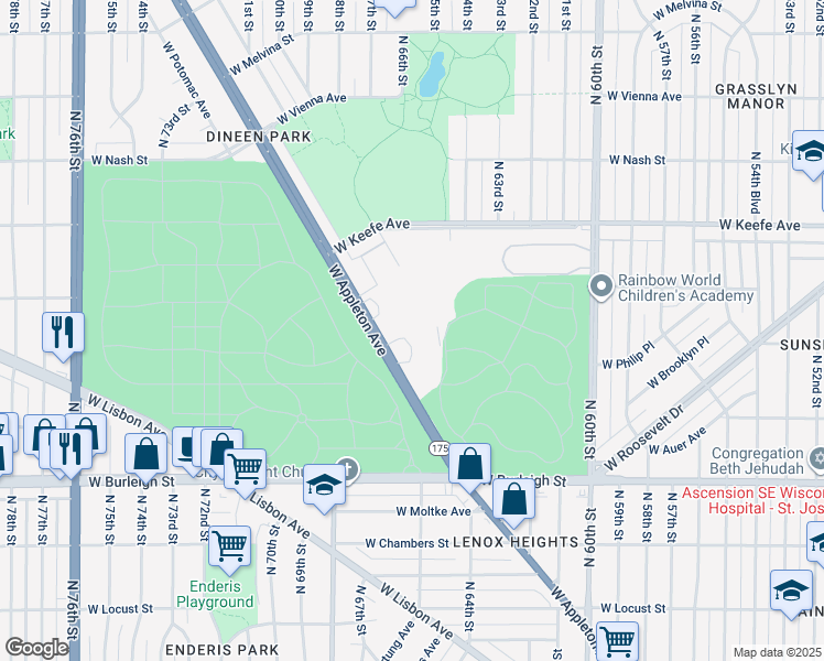 map of restaurants, bars, coffee shops, grocery stores, and more near 6676 West Appleton Avenue in Milwaukee