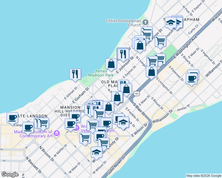map of restaurants, bars, coffee shops, grocery stores, and more near 129 North Franklin Street in Madison