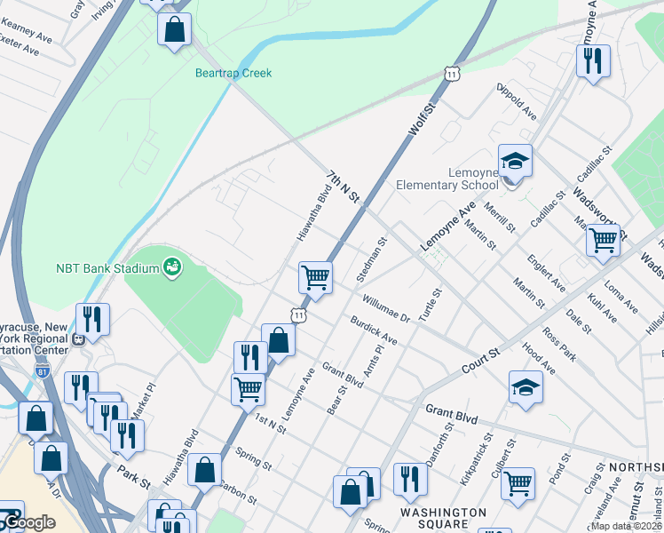 map of restaurants, bars, coffee shops, grocery stores, and more near 1006 Wolf Street in Syracuse