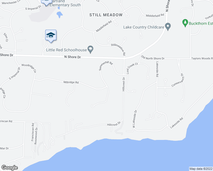 map of restaurants, bars, coffee shops, grocery stores, and more near Summerhill Road in Pewaukee