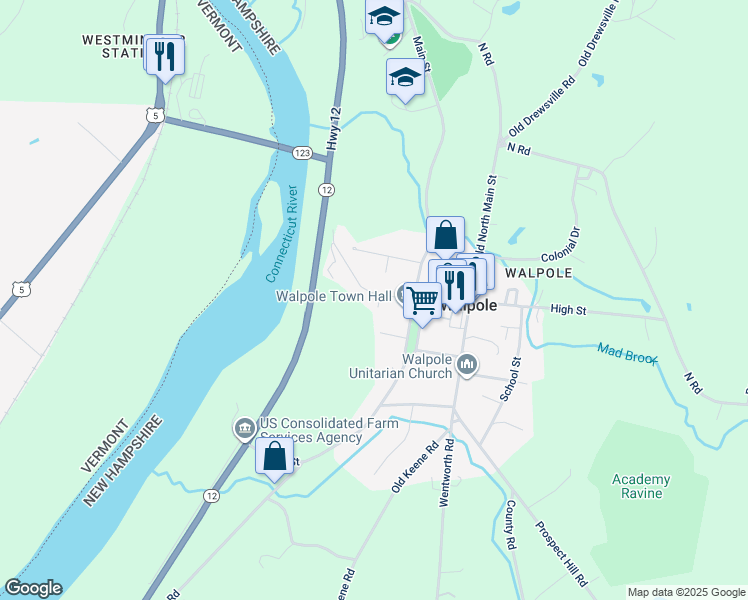 map of restaurants, bars, coffee shops, grocery stores, and more near 43 Westminster Street in Walpole