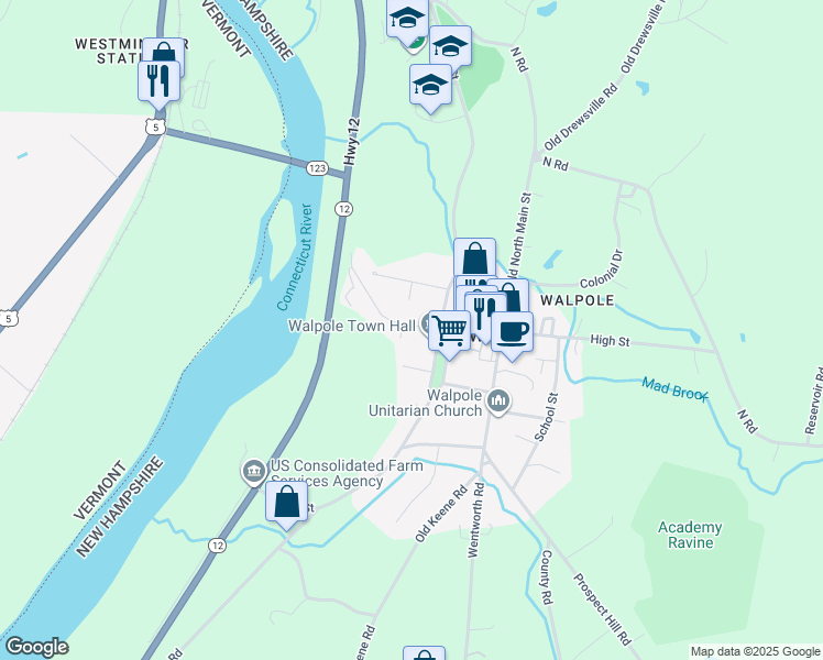 map of restaurants, bars, coffee shops, grocery stores, and more near 48 Westminster Street in Walpole