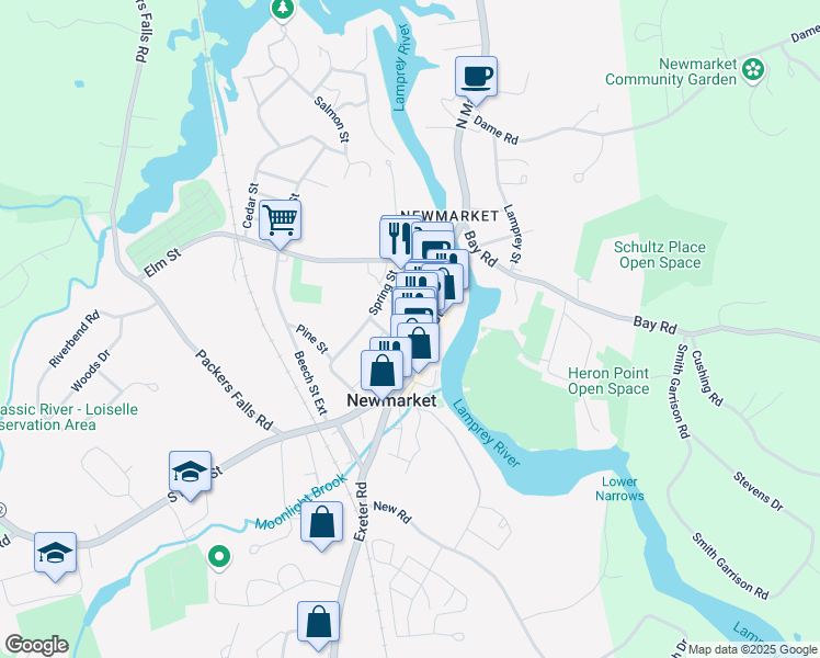 map of restaurants, bars, coffee shops, grocery stores, and more near 100 Main Street in Newmarket