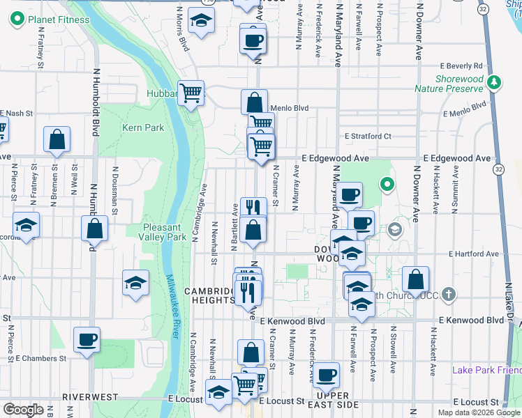 map of restaurants, bars, coffee shops, grocery stores, and more near 3402 North Oakland Avenue in Milwaukee
